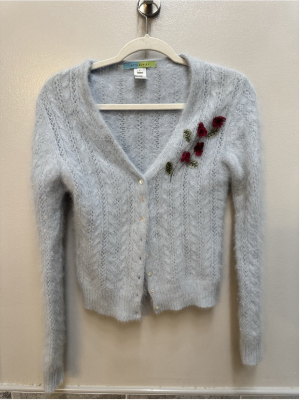 Y2k Beth Bowley Angora Cardigan Women’s Large Blue Floral Coquette Fuzzy Sweater